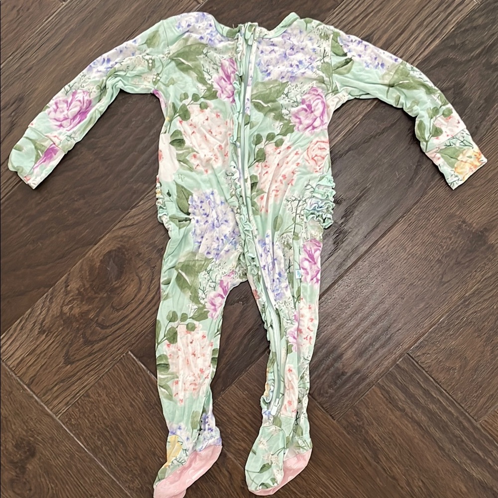 Posh Peanut Green and Pink Floral Footie One Piece
